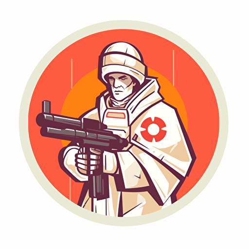 2D vector icon. Pope with a machine gun. Red and whitecolor theme. circle shape. White background