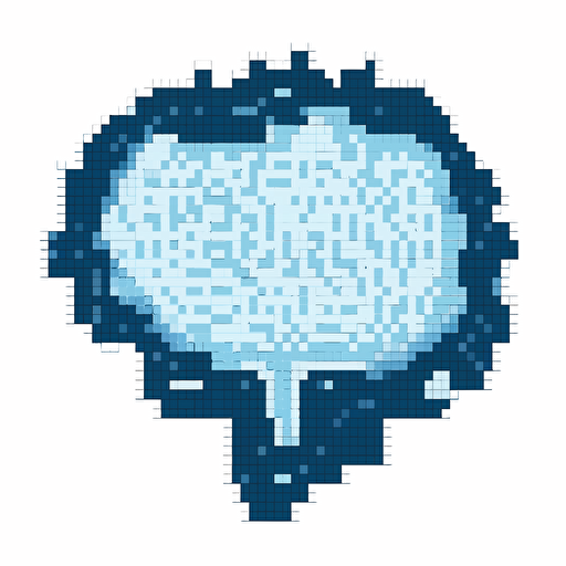 a brain, pixelated, vectorized, blue and white color palette, white background