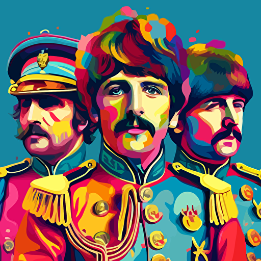 art dynamic performance, four Beatles playing music from front, upper body, uniform Sgt. Pepper's Lonely Hearts Club Band, detail rich vector illustration in the colors , yellow red blue turquoise pink