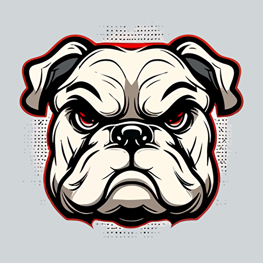 angry english bulldog head, cartoon eyes, cute smile, vector logo, vector art, emblem, simple, cartoon, 2d