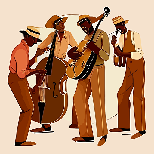 an illustration of a band of African-American musicians playing on a white background. vector drawing, in the style of Spanish illustrator Virginia Lorente