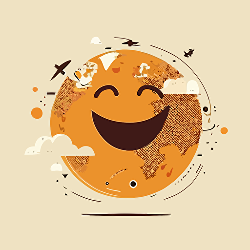 the globe as a smiley face. The smile is the flight path of a plane. vector, minimal detail, drawing, illustration, flat.