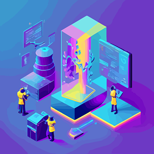 isometric vector illustration with a beautuful bright gradient blue purple gold color palette. Several human scientists are performing various image annotation tasks, consulting metrics and analytics, creating regions of interst on a computer