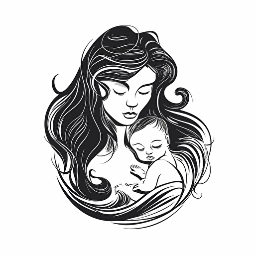 a stunning mother with flowing hair, lovingly nursing a newborn baby against her chest, the image should project love and intimacy felt between mother and baby, image is a black and white vector logo line-art, strong contrast, white background, dynamic pose, simple:: baby against mother's chest 0.5