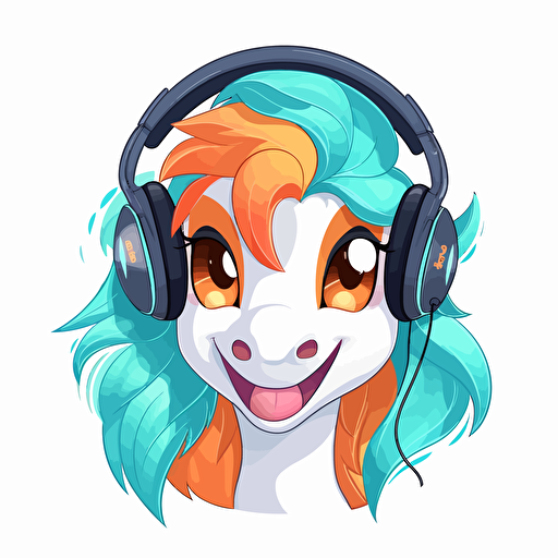 cute happy horse in a headphones, flat simple vector illustration, transparent background