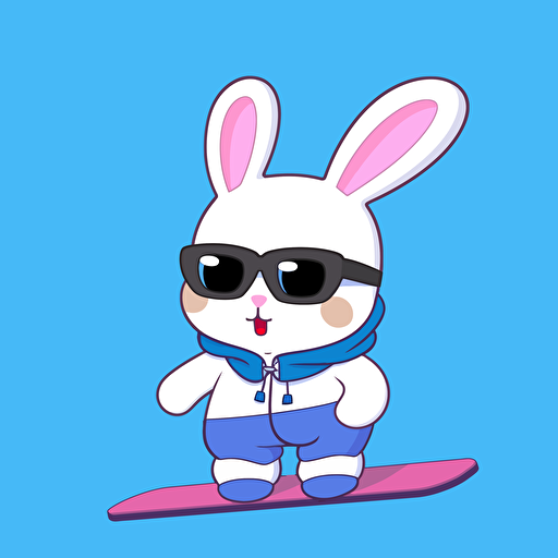 cartoon rabbit, simple vector style, riding snowboard, wearing a snow suit, chibi style