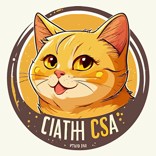 cat pet shop logo, brishtish short hair golden cat, round face, smiling, big round eyes, has a name tag, lovely cute cat, cirble background, vector art style