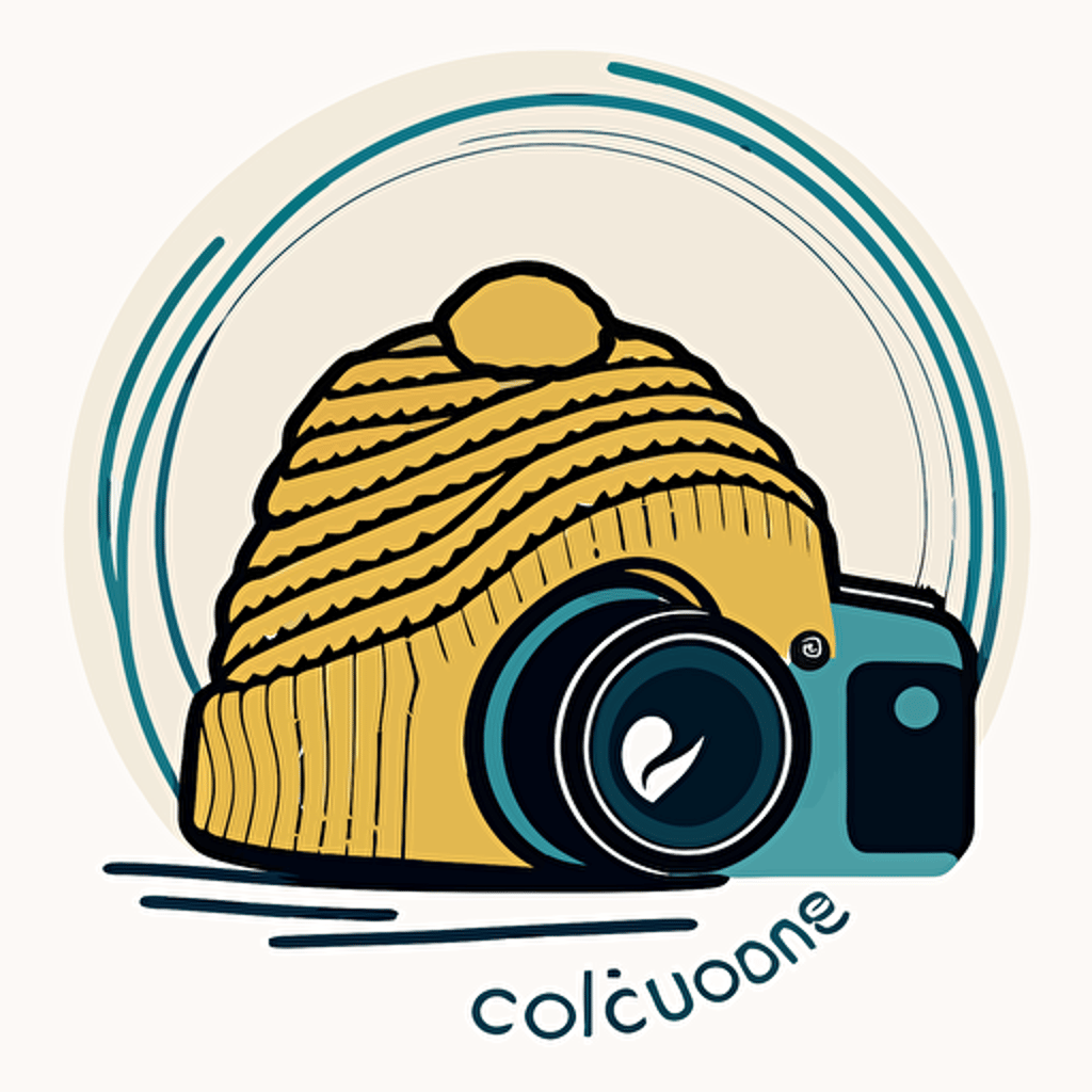 a simple 2d vector minimalistic logo of : a cob looking knit beanie using a dslr camera that has a wave breaking in the lens