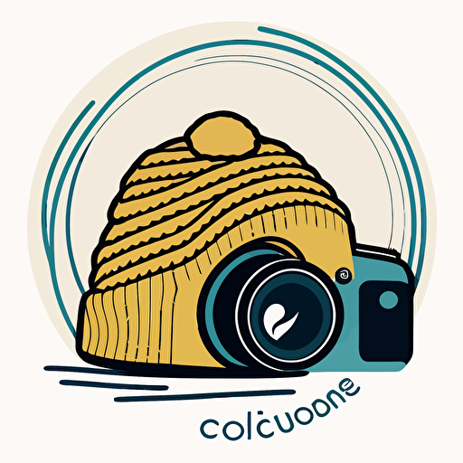 a simple 2d vector minimalistic logo of : a cob looking knit beanie using a dslr camera that has a wave breaking in the lens