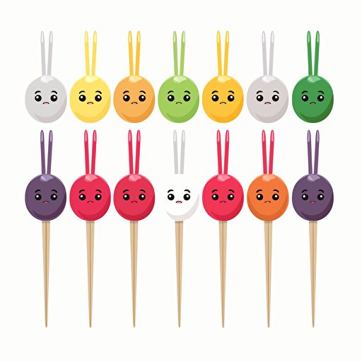 Kawaii toothpick fruit garnish, flat, 2D, vector, 16 colors, white background, in anime chibi style