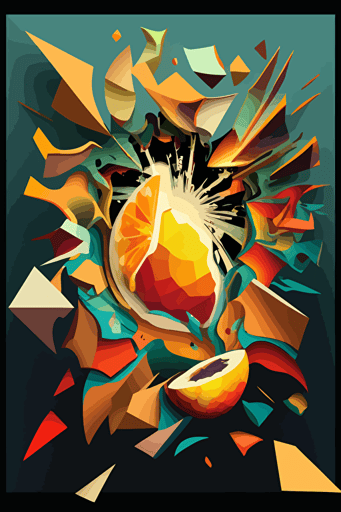 mango explosion, inferno, symmetry, Neo-Cubism, layered overlapping geometry, geometric fauvism, layered geometric vector art, maximalism; V-Ray, angular oil painting