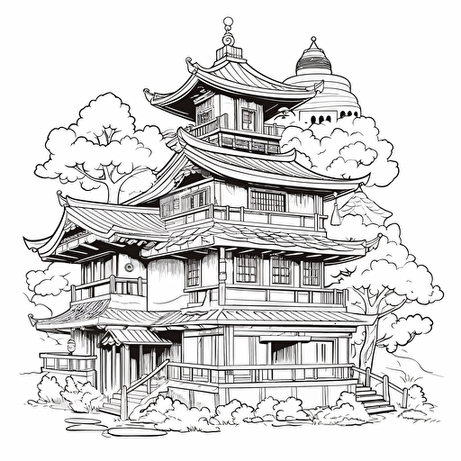 DND Fantasy. Japanese Style City. Wooden Architecture. No Shadow. Cartoon. Coloring page. Vector. Simple.