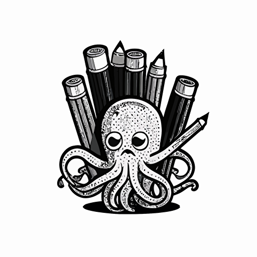 logo of an octopus holding pencils and books, cartoon style, line, vector, black on white background
