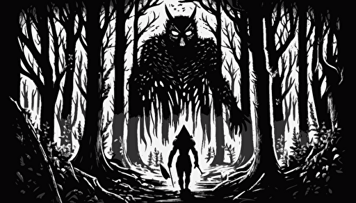 hidden small monster in big forest, sketch, illustrations, hd, fantasy, witcher style, black and white, vector