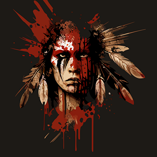 Native American warrior, war cry, with war paint on face, vector, clean design, two feathers in hair, aggressive design