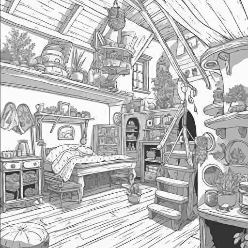 a tall whimsical medieval hobbit grandma's attic, in a flat 2d vector style, black and white, no perspective