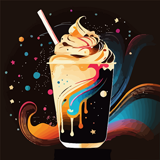 colorful vector art, boba tea caramel flavor, galaxy as background with colorful swirls