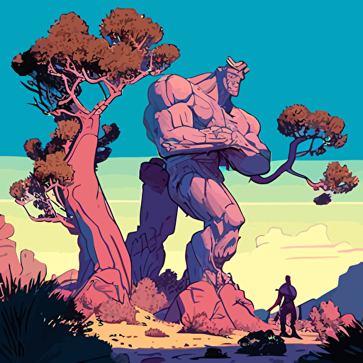 giant statue in the ground around joshua trees by moebius, comic book style, 2d vector art, flat colors