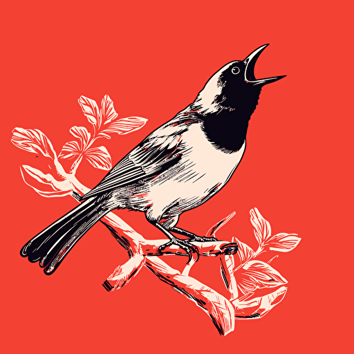 Vector illustration black and white Bellbird calling on red background