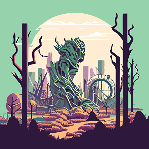 a view of a abandoned city in the background from vacant woods in the foreground with shrubs, trees, dead roses, clouds, broken carnival rides in the distance, figurativism academic art, flat illustration, vector style, perfect detail human shape, hyper detailed