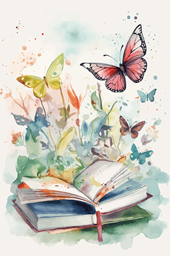 watercolor vector art, pastel colors, bright, abstract, pretty books, joyful, butterflies, flowers, plants,
