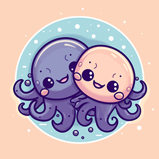 a simple flat round logo featuring two friendly smiling anime kawaii octopuses hugging, vector image, highly stylized anime, 32k uhd