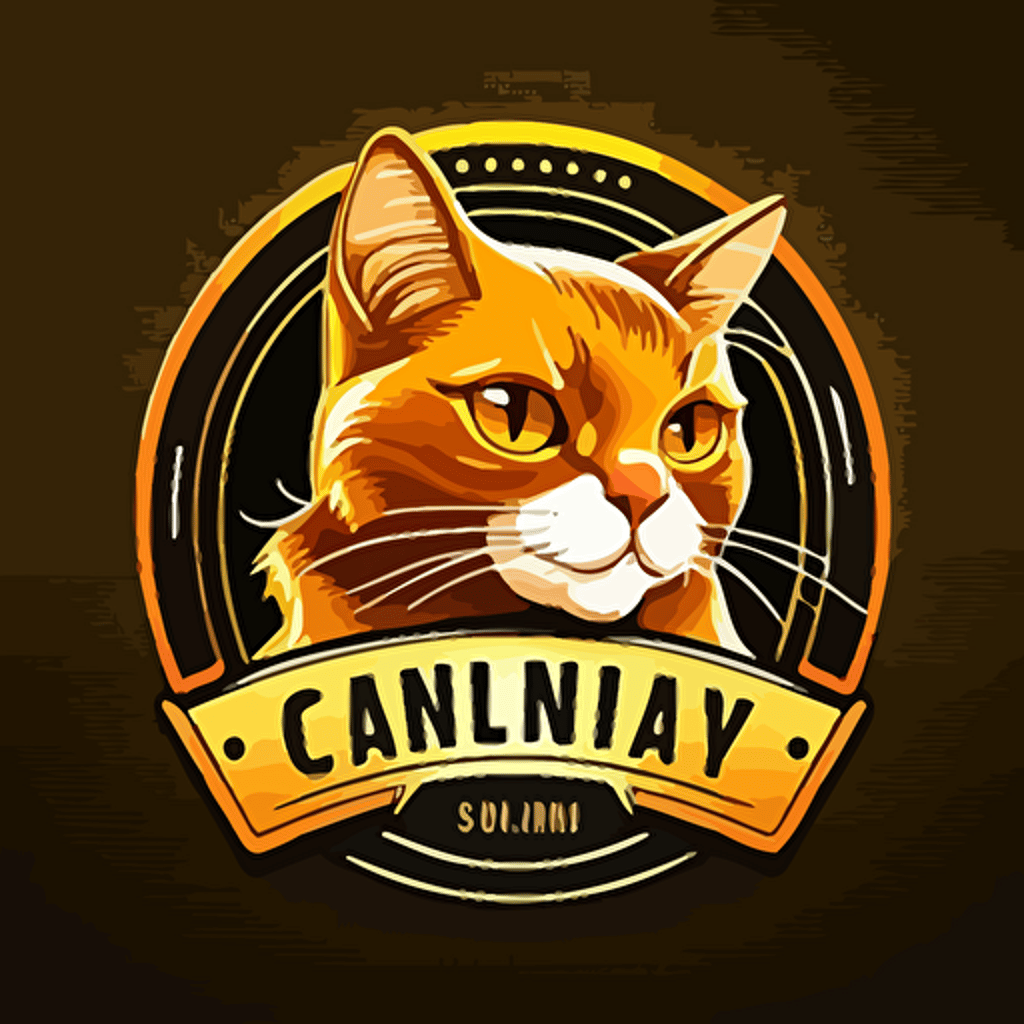 cat pet shop logo, golden cat, big round eyes, has a name tag, lovely cute cat, cirble background, vector art style, cartoon art atyle