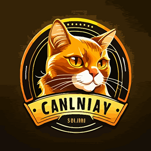 cat pet shop logo, golden cat, big round eyes, has a name tag, lovely cute cat, cirble background, vector art style, cartoon art atyle