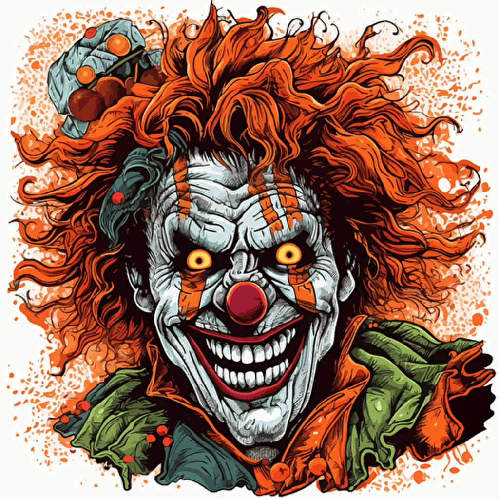 a deranged clown, gritty, scary, horror, gross, vector, sticker, detailed