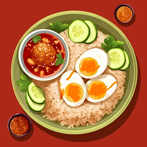 Rice with red pork, boiled eggs in 2 halves and cucumbers on the side of the plate. The red sauce shop looks appetizing. The image is in vector style.