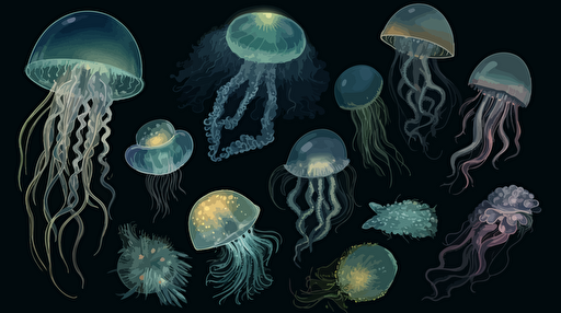 set of different jelly fish and mollusks set on black background stock vector illustration, in the style of franklin carmichael, mysterious seascapes, detailed painting, robert bissell, light emerald and indigo, ultrafine detail, depiction of animals