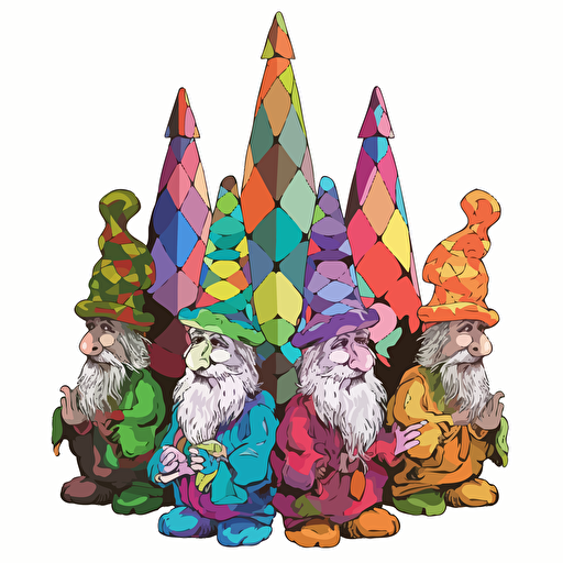 vector image of gnomes, no background, trippy, 2D, all colors