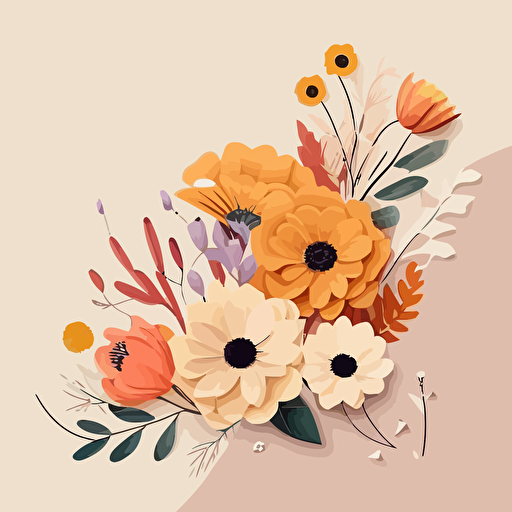 flat vector of a bunch of flowers on a cream background. Lots of white space around. Warm bright colours.