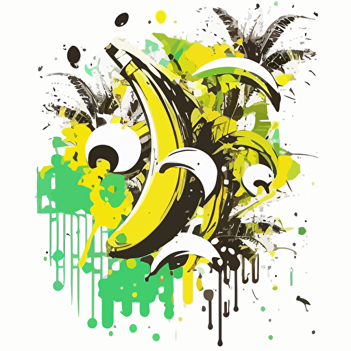 vector pop art, bananas, coconuts, musical notes, yellow and green colors, white background, fusion