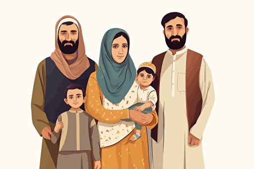 A low income family, flat style illustration for Eid in Pakistan, flat design vector, industrial, light and magical, high resolution, engineering/ construction and design, colored cartoon style, light indigo and light gold, cad( computer aided design)