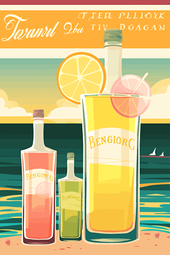 1970's advertisement long drinks, summer, beach party, art deco, vector, minimalistic,