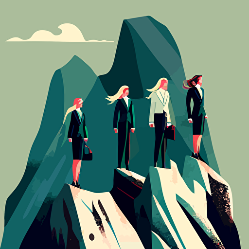 four women in business suit, on top of mountain peak, vector illustration