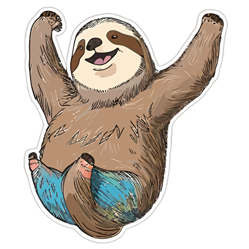 sticker, sloth spreading his paws, hugs, colors: beige, blue, brown, pink, pastel colors, on a white background, vector