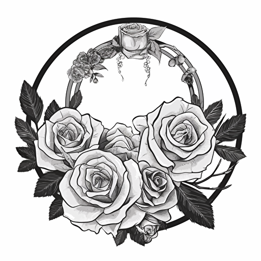 a wedding logo, black an white, shall contaion roses, two rings, no grey shades, vector art, shall be circular, flat desing