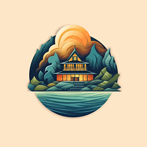 Beautiful logo, abstract vector, luxury cabanas, cabanas are close to the top of a hill, the hill is next to a lake