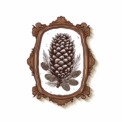 Vector rectangle cartoon wooden carved sign FRAME crest of a pine cone white background