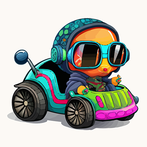 a very cute baby friendly alien cholo wearing very big sunglasses driving a low rider Volkswagen Beetle ,vector, cartoon, bright graffiti colors