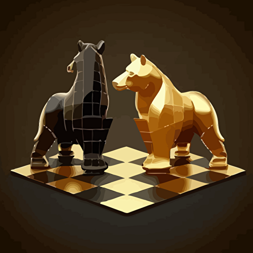 Bear and bull as chess pieces in a 4 squares chess board, vector, minimalist, black and gold logo for a wall street finance company.