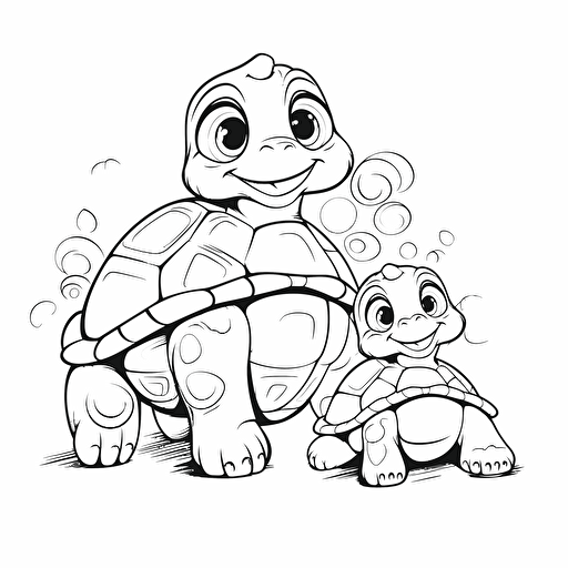 kids colouring page, cartoon look turtle, flat simple vector illustration, cute and happy, black and white, mum and kid