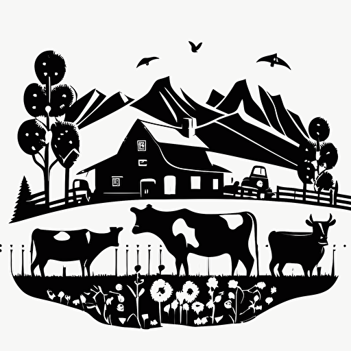 rolling feilds farm with cows in style of charles williams, black and white, flat, vector, line drawling, white background ar 1:1