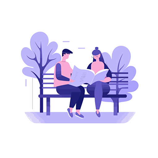 two people sitting on a bench reading a book. Artsy flat vector illustration, light purples, white background