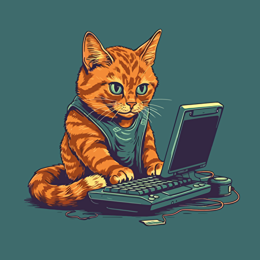 vector art style, cat using a computer, in the style of Michael Parks
