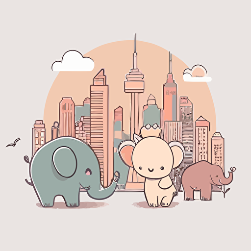 Cute NYC skyline vector drawing, cartoon style, flat, 2d, soft color tone, outline, by teeturtle, Trending on artstation