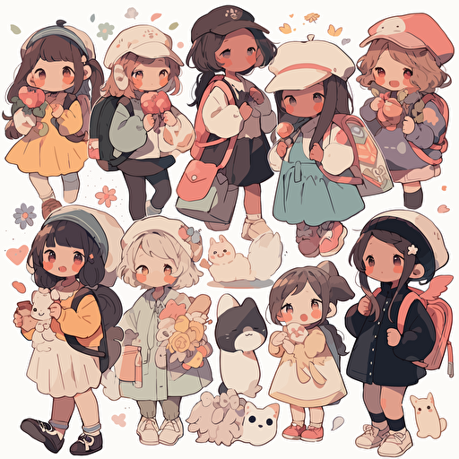 assorted cute drawings of kids, korean style, flat art, vectorized 2D, cartoon style