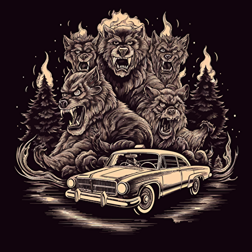 a clean black and white vector design of a burning police car surrounded by three werewolves